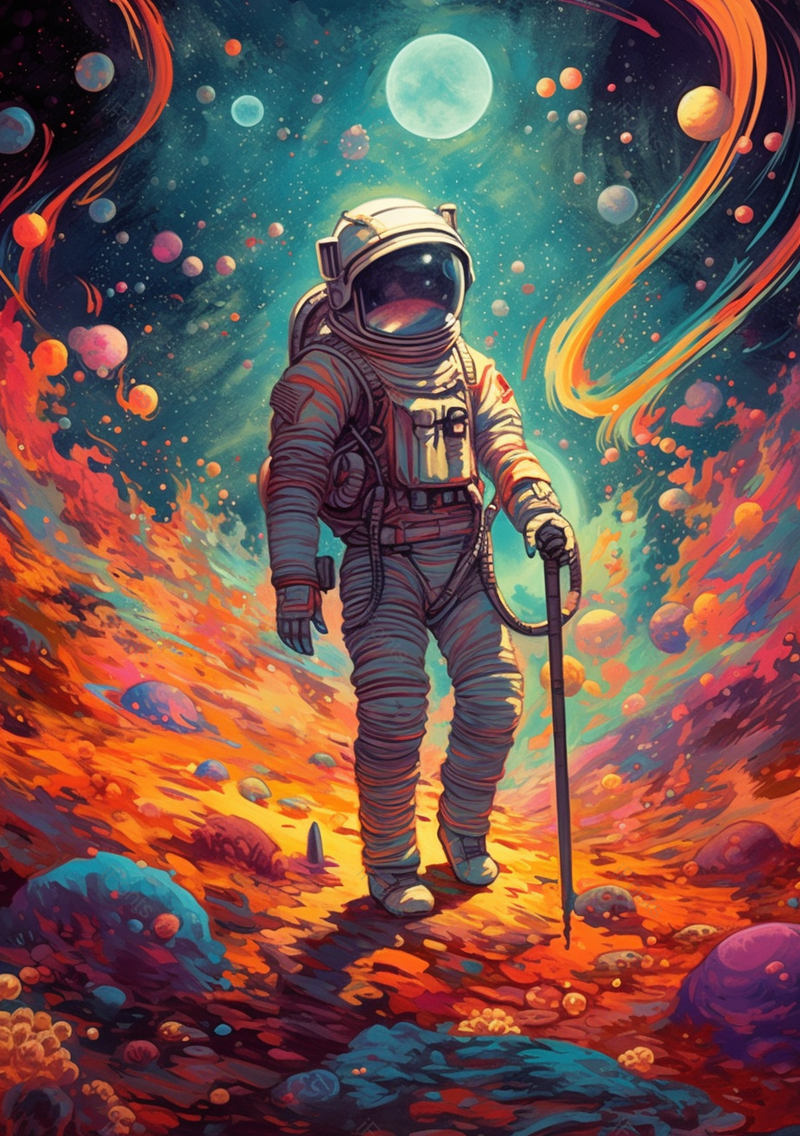 丰富色彩的星球杵着拐杖行走的宇航员,插画/手绘图,插画/手绘图库,插画/手绘图下载,插画/手绘